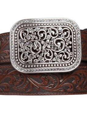 Ariat Tooled Brown Leather Belt with Filigree Silver Buckle